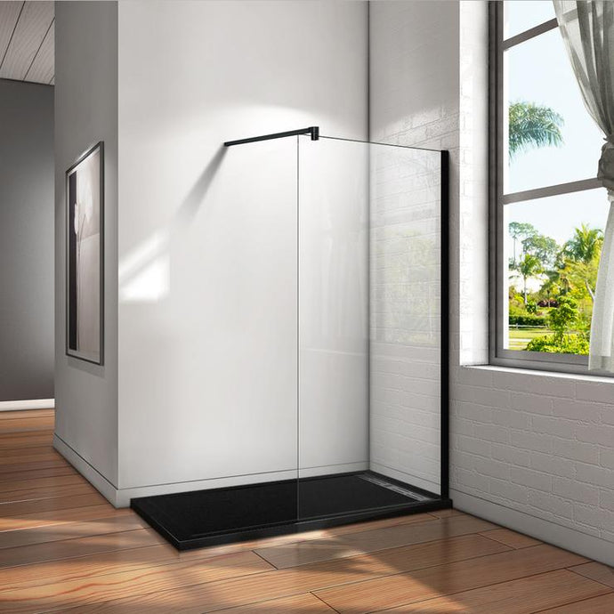 8mm Nano Glass Wet Room Screens with Black Finish and  Fixing Arm Long 900mm - Various Sizes (Height - 2000mm)